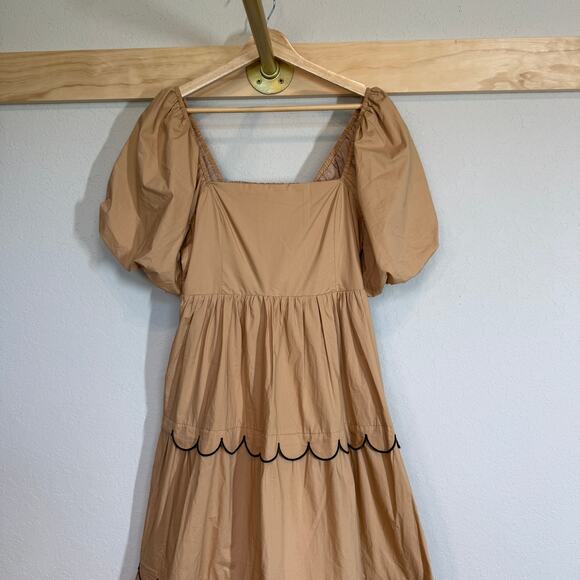 Women's English Factory Tan and Black Ruffle Tiered Smock Top Midi Dress Size S - Picture 2 of 9